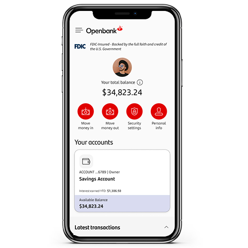 Mobile app interface showing Openbank's High Yield Savings Account balance and options.